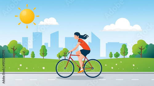 Woman riding bicycle on road with cityscape and sunny sky background