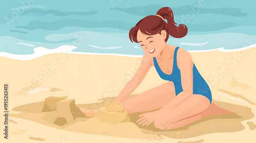 Woman Builds Sandcastle on Ocean Shore