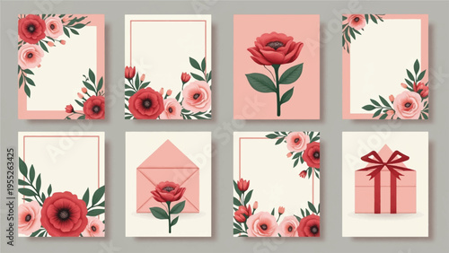 Set of 8 floral stationery cards vector