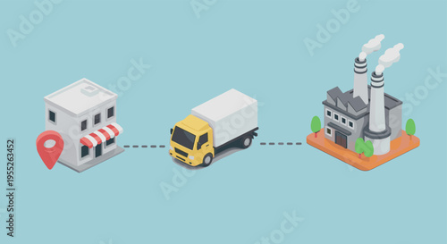 Isometric supply chain logistics concept with factory warehouse delivery truck and location pin vector illustration