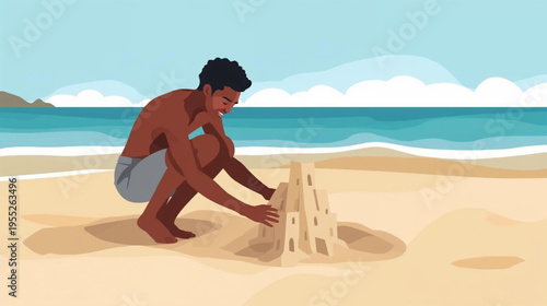 Man building sandcastle on beach with ocean waves and sunny sky