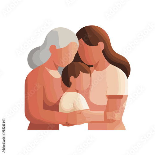 An illustration of a loving family, representing three generations embracing each other.
