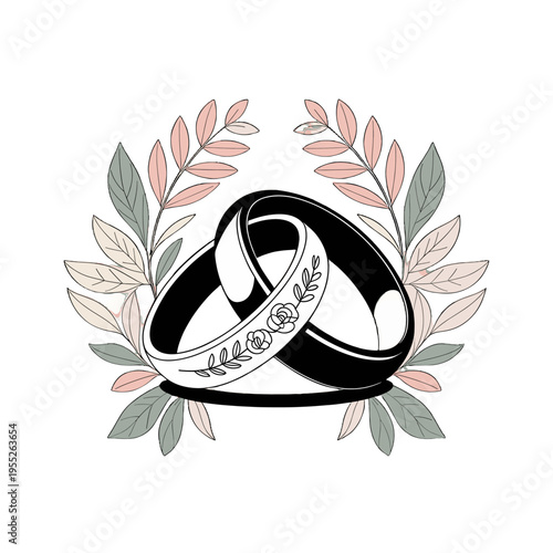 A pair of wedding rings interlocked with beautiful floral decor.