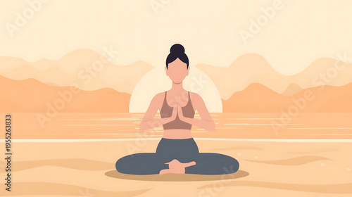 Woman practices yoga in desert landscape with mountains at sunrise