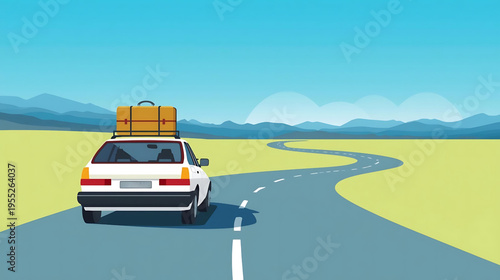 A white car drives down a winding road with a luggage on top through a green landscape.