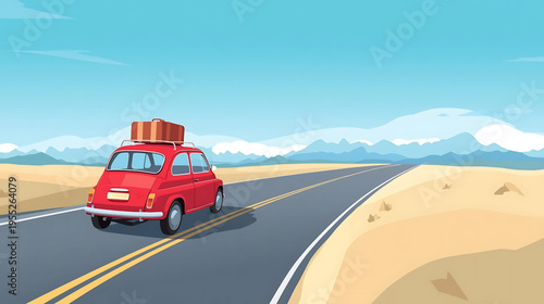 A red car drives down a desert road with a suitcase on top.