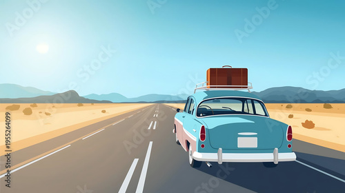 A vintage car drives down a desert road with luggage on top towards mountains.