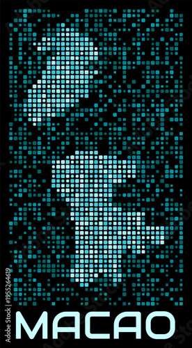 Macao digital dotted map. Shape of the country in cyan color palette on dark background. Futuristic Macao map design. Vector illustration.