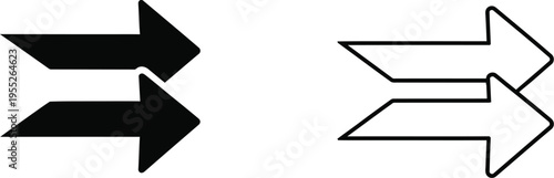 Black and white arrows pointing right double sided isolated on transparent background, Vector