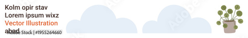 Web banners, social media covers, eco-friendly , nature concepts, minimalist designs, modern layouts. Two stylized clouds with a potted plant on a clean white background. Web banners and nature