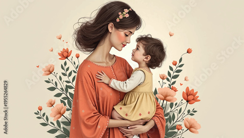 Vector illustration of a mother and child embracing surrounded by flowers
