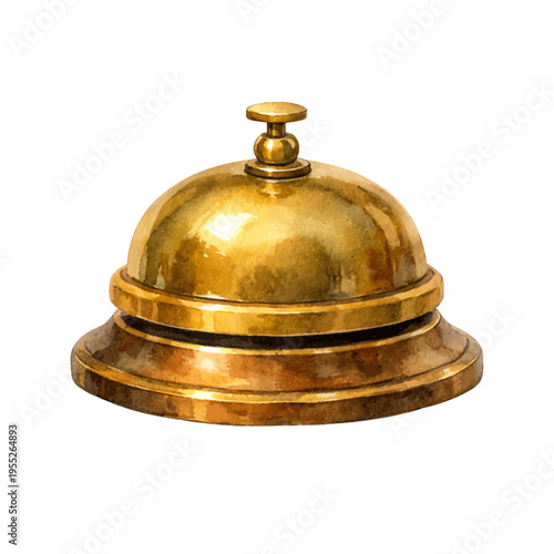 A watercolor illustration of a luxurious golden hotel service bell, featuring an elegant vintage reception desk bell isolated on a transparent background.