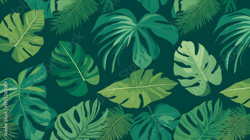 Tropical leaves including Monstera Deliciosa and ferns densely arranged in a dark green background illustration.