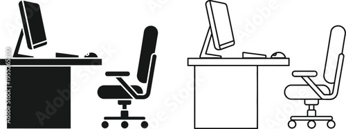 Office workspace setup with desks and chairs isolated on transparent background, Vector