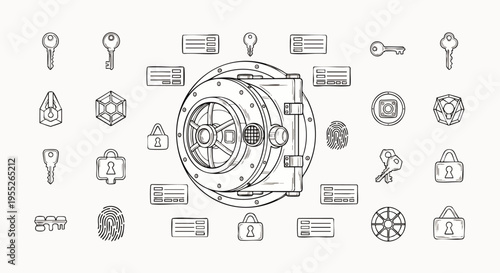 Cybersecurity and Data Protection: Central vault door with line art icons of keys, locks, fingerprints, passwords, and privacy elements.