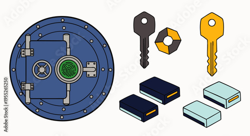 Illustration of a blue vault door with a safe deposit box and keys, symbolizing security and access