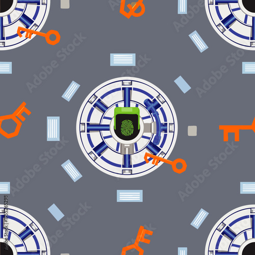 Seamless pattern with biometric fingerprint locks, classic keys, and abstract digital elements, symbolizing modern security, technology, and data protection.