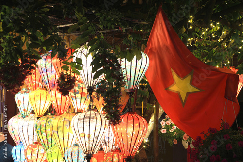 Beautiful Lanterns with a Vietnamese Flag in Hoi An Old Town, Vietnam
