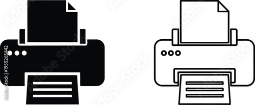 Black and white printer icons isolated on transparent background, Vector