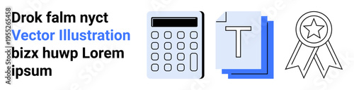 Finance management, business analysis, productivity tools, achievement, data processing, document management. Includes a calculator, documents and an award icon. Finance management and business