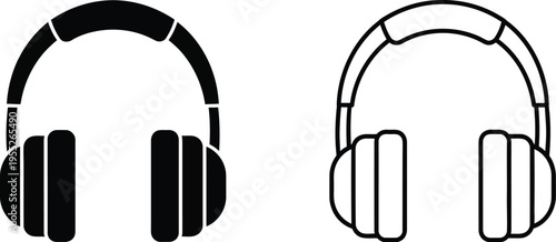 Headphones icon set vector with solid black and outline styles, perfect for audio, music, communication, and multimedia design projects