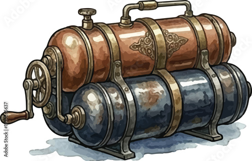 Vintage Steampunk Double Cylinder Steam Engine with Hand Crank and Valves Watercolor Illustration Isolated on White Background