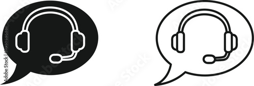 Customer Service Headset Icon Set Vector with Speech Bubble in Solid Black and Outline Styles for Support and Communication