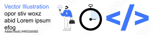 Creativity, time management, programming, innovation, productivity, digital technology. A person with a light bulb, stopwatch code symbol. Creativity and time management concept