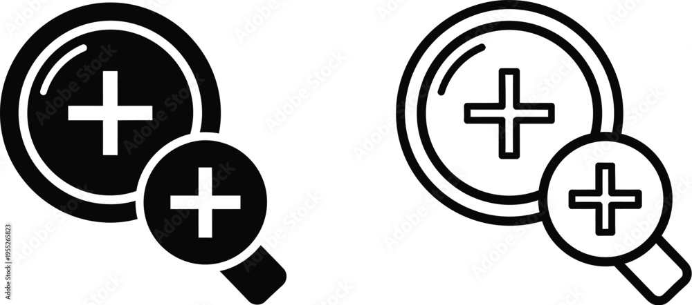 Obraz premium Magnifying glass icons plus sign search isolated on transparent background, Vector