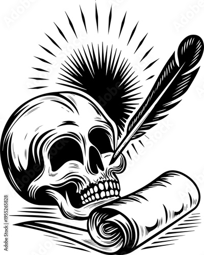 SVG skull with ancient codex and engineers tattoo design vector. Skull with Quill and Scroll in Vintage Ink Drawing Style