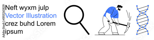 Scientific research, biotechnology, genetic engineering, data analysis, discovery, exploration. a worker with a pickaxe near a DNA strand and a magnifying glass. Research and biotechnology