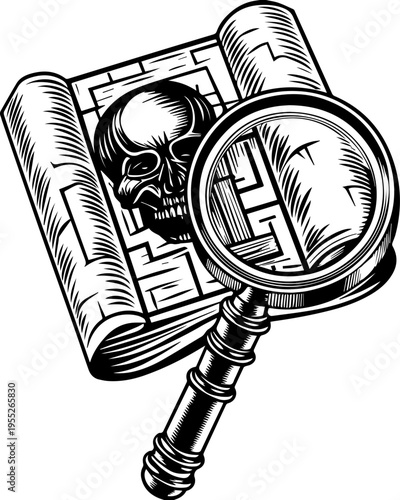 SVG skull with ancient codex and engineers tattoo design vector. Vintage Illustration of a Magnifying Glass and Skull on a Book