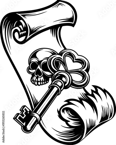 SVG skull with ancient codex and engineers tattoo design vector. Skull and Key on Old Scroll with Ornate Detailing in Black and White