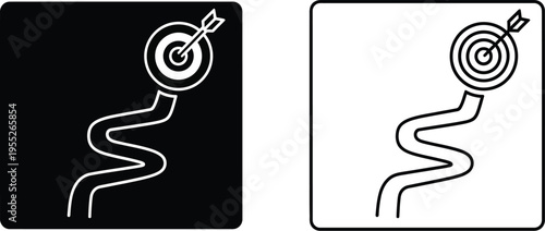 Bullseye target with winding arrow trajectory isolated on transparent background, Vector