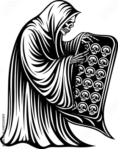 SVG skull with ancient codex and engineers tattoo design vector. Mysterious Grim Reaper with Shield and Skull Emblems Design