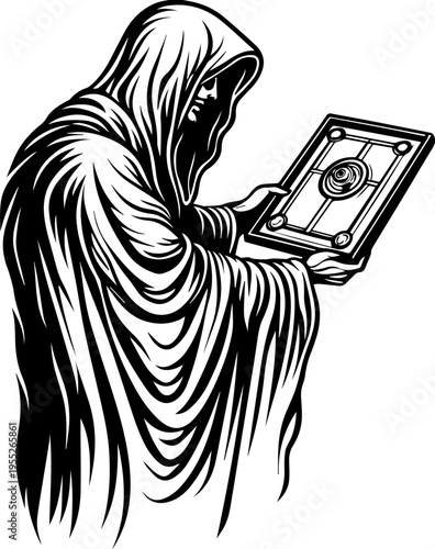 SVG skull with ancient codex and engineers tattoo design vector. Mysterious Figure in Hooded Cloak Holding Ancient Tablet Illustration