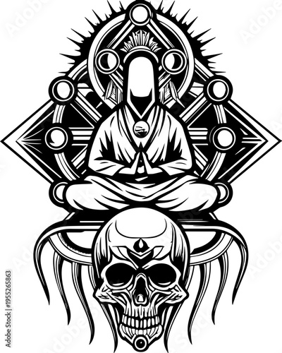SVG skull with ancient codex and engineers tattoo design vector. Meditative Figure with Skull and Geometric Patterns in Black and White