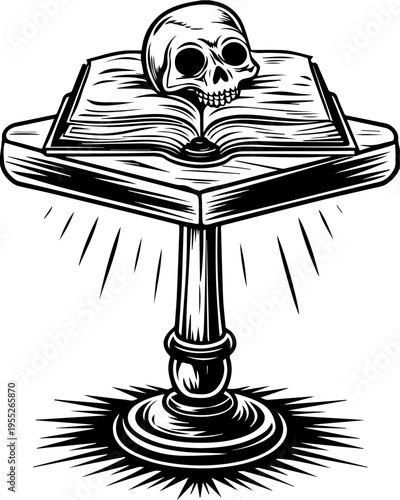 SVG skull with ancient codex and engineers tattoo design vector. Skull on Open Book with Stand, Illustrative Gothic Art Design