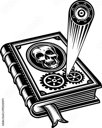 SVG skull with ancient codex and engineers tattoo design vector. Vintage Book with Skull and Gears Illustration in Black and White