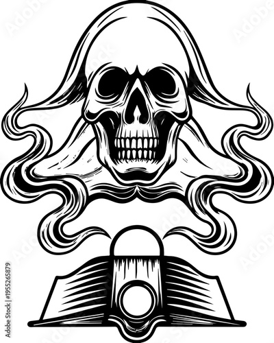 SVG skull with ancient codex and engineers tattoo design vector. Stylish Skull with Tentacles and Clip Art for Creative Designs
