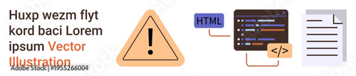 Web development, coding, error handling, digital documents, programming education, online warnings. A warning symbol, code snippet and HTML tag alongside a document. Web development and coding