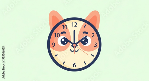Cartoon cat face clock with angry expression on light green background concept of time and emotions