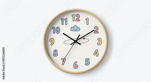 Colorful wall clock with rainbow numbers and cloud at 2 50 on white background