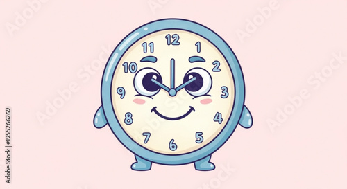 Cute cartoon clock with smiling face and rosy cheeks on pink background time 6 o'clock