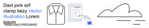 Contract signing, legal documents, cloud services, fashion industry, organization workflows, storage solutions. Minimal vector art includes a document, shirt outline and cloud symbol. Contract