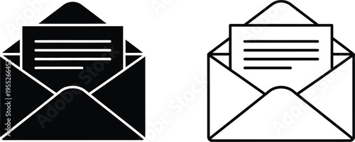 Black and white envelopes with lines isolated on transparent background, Vector