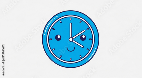 Smiling clock face with blue background and white hands showing a happy time concept