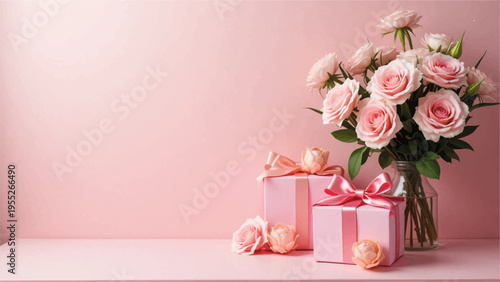 Pink roses bouquet with gift boxes on pink background