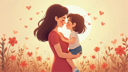 Vector illustration of mother and child in love, hearts and flowers