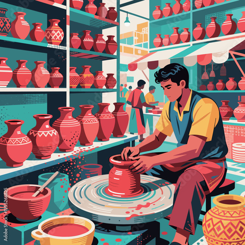 Artisan crafting pottery on a wheel in a workshop